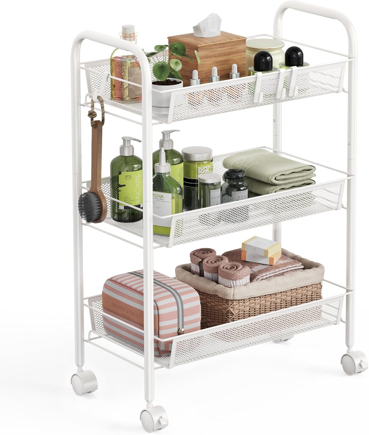 WELDUN 3-Tier Storage Trolley, Rolling Cart, Mesh Storage Cart, Metal Bathroom Cart, Portable, Stable and Easy to Set up, Bedroom Kitchen Bathroom Living Room Storage Cart, Metal, White