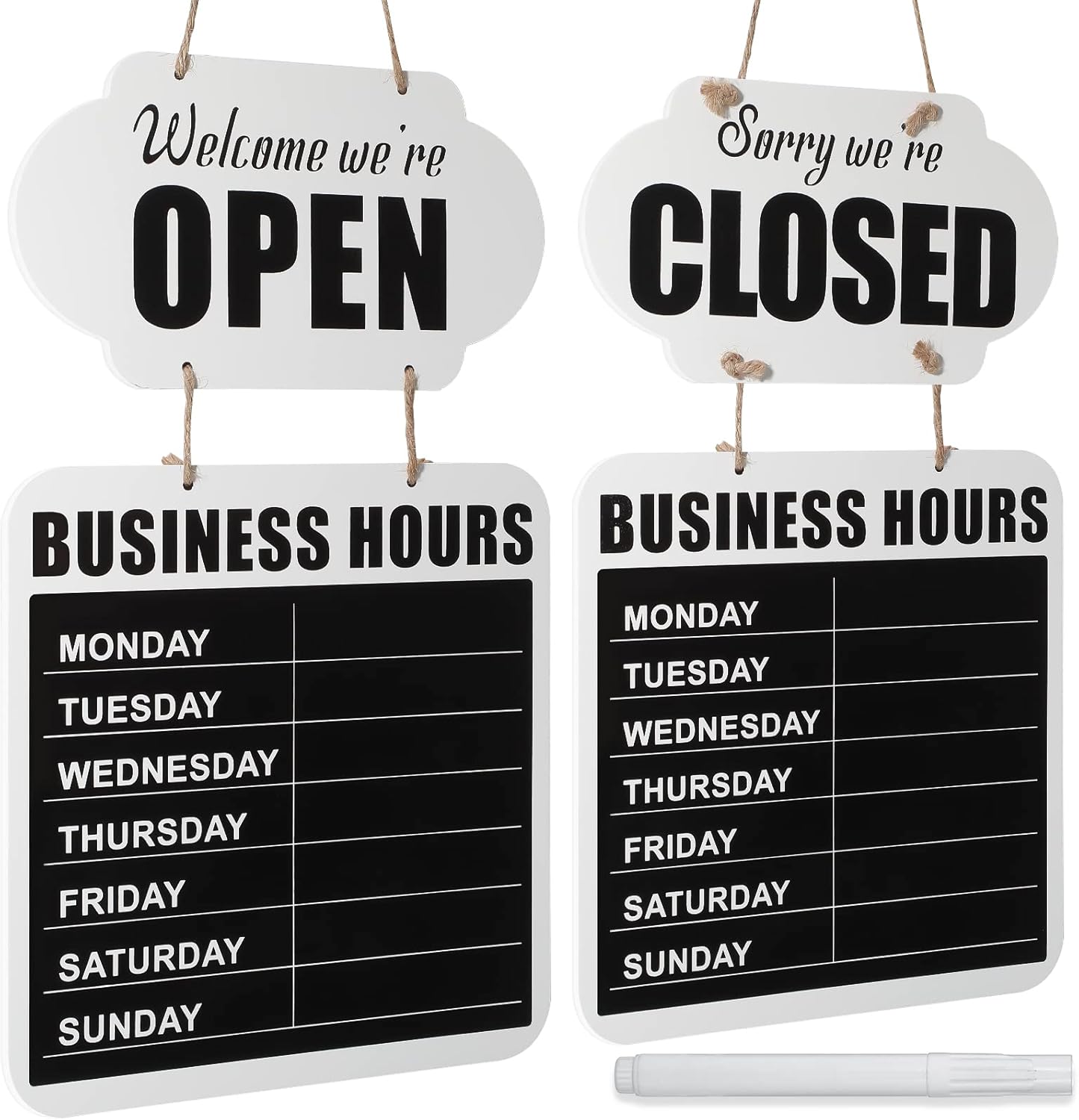 Business Hours Hanging Chalkboard Open Closed Sign Wooden Welcome Chalk Boards Double Sided Restaurant Door Sign with Erasable Blackboard Pen for Florist Cafe Store Restaurant (White)