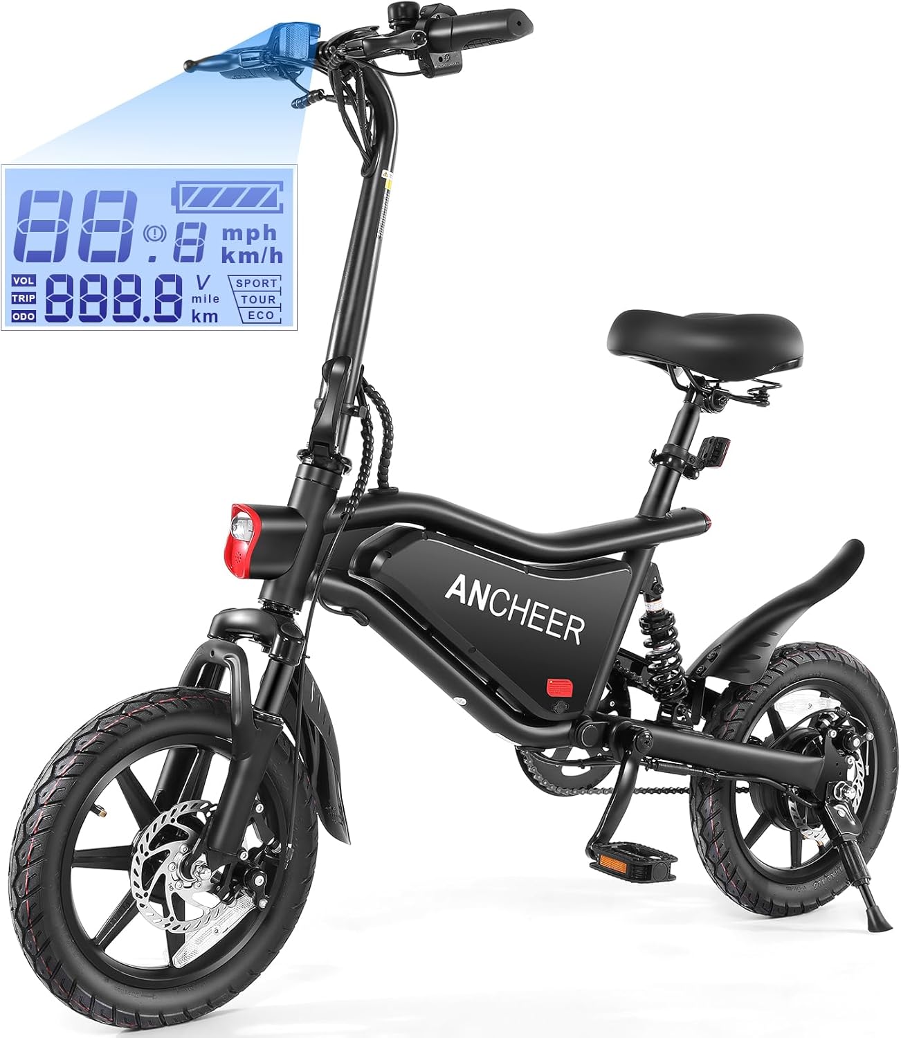 ANCHEER Folding Electric Bike for Adults, 374Wh Ebike, 20MPH Electric Bikes, 14" Foldable Electric Bicycle, 20-50 Miles Electric Bikes, E Bike, LCD Display, Dual Suspension, UL2849 Compliant
