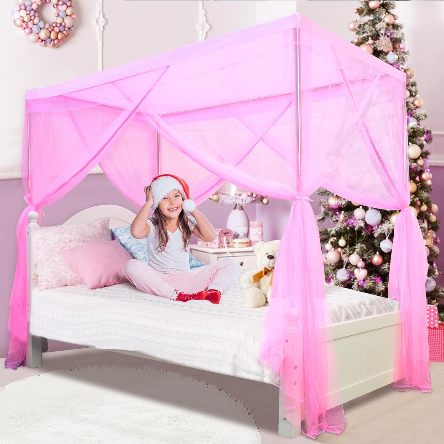 South to East Twin Canopy Bed Curtains for Girls, 4 Post Princess Bed Canopy, Pink Bed Curtains for Princess, Bed Canopy for Girls Room Decor Twin Size, 79" * 39" * 75"