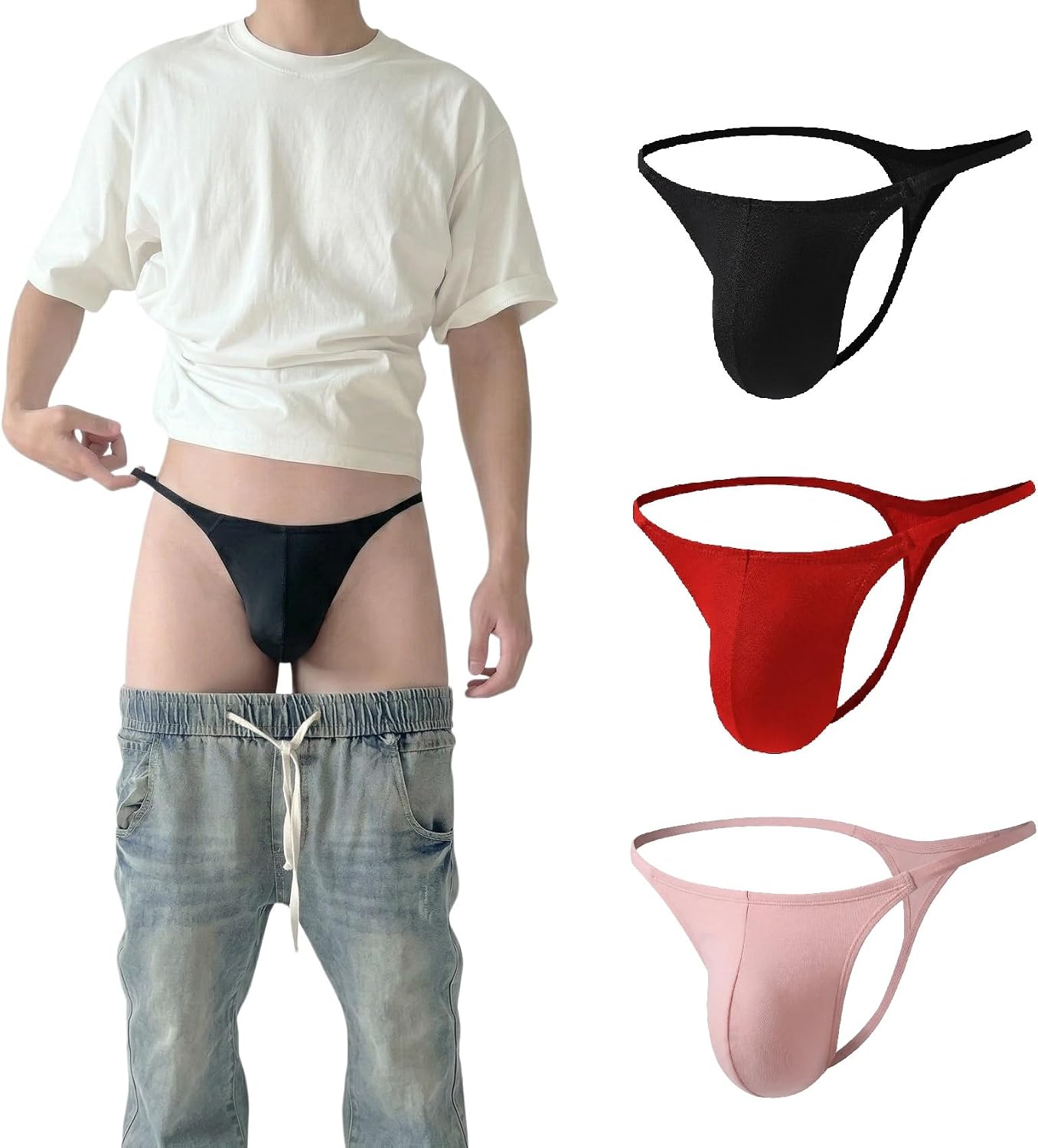 3 Pcs Men's Cotton Thongs - Sexy Outfits Sissy Seamless G-String Low Rise Bulge Contour Pouch Black/Black/Black(M-XXL)