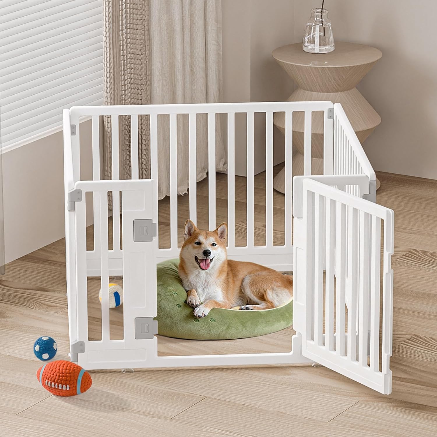 Pet Playpen Foldable Gate for Dogs Heavy Plastic Puppy Exercise Pen with Door Portable Indoor Outdoor Small Pets Fence Puppies Folding Cage 4 Panels Medium Animals House Supplies (PPW-WHITE04, White)