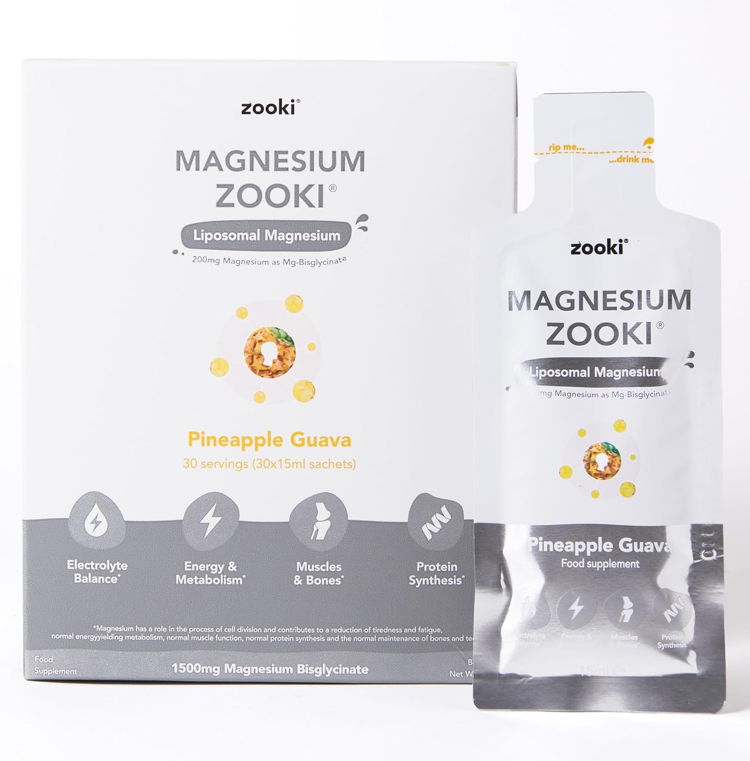 Zooki 1500mg Liposomal Magnesium Bis-Glycinate Liquid Sachets, 200mg Elemental Magnesium | 4x Higher Absorption | Sleep, Stress, Muscle Function, Cramps, Heart Health (Pineapple Guava flavour 30x15ml)