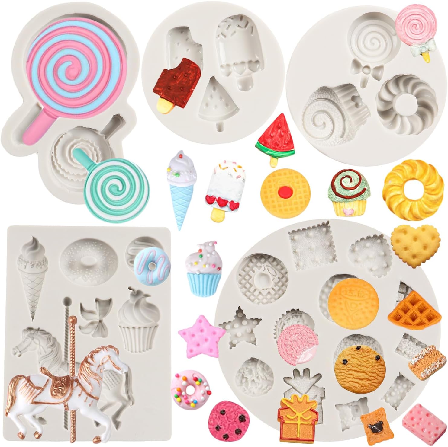 Carousel Silicone Molds Ice Cream Popsicle Lollipop Fondant Mold Donut Oreo Cookie Fondant Molds For Cake Decorating Cupcake Topper Chocolate Candy Gum Paste Polymer Clay Set of 5