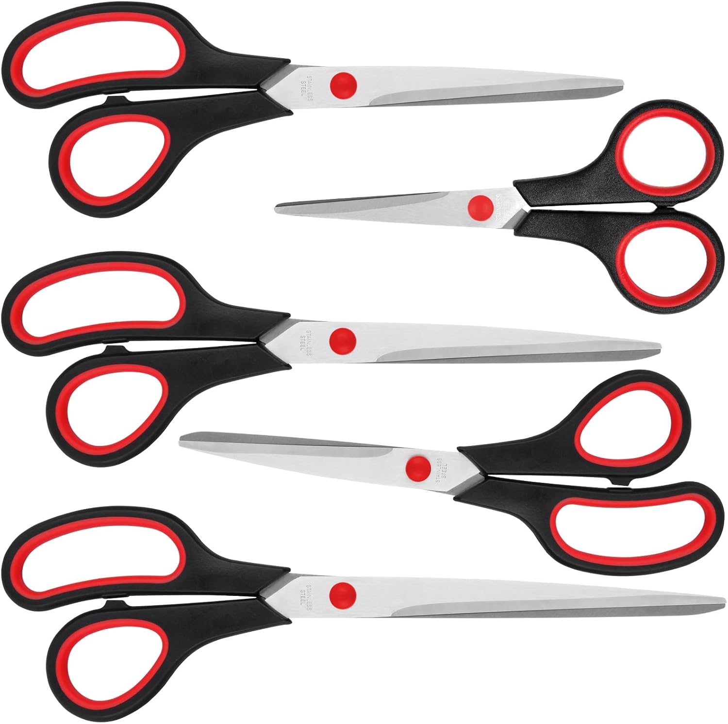 Scissors, Multipurpose Scissors with Sharp 2mm Thick Blades, Soft Grip Handle, Heavy Duty Stainless Steel Scissors for Home Offices Schools, Black & Red, 5 Size