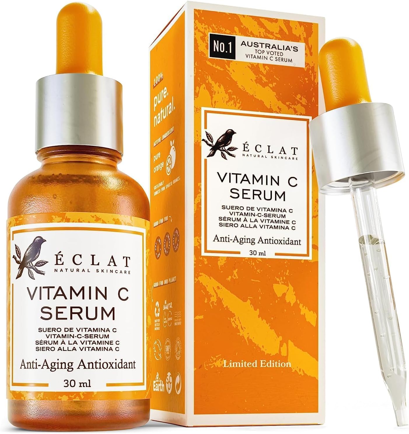 E-c-l-a-t Vitamin C Face Serum, Brightens Complexion, Hydrates Skin & Reduces Fine Lines, Anti-aging Antioxidant, Brightening, Fast Absorbing Serum, Retinol & Vitamin C, 30ml