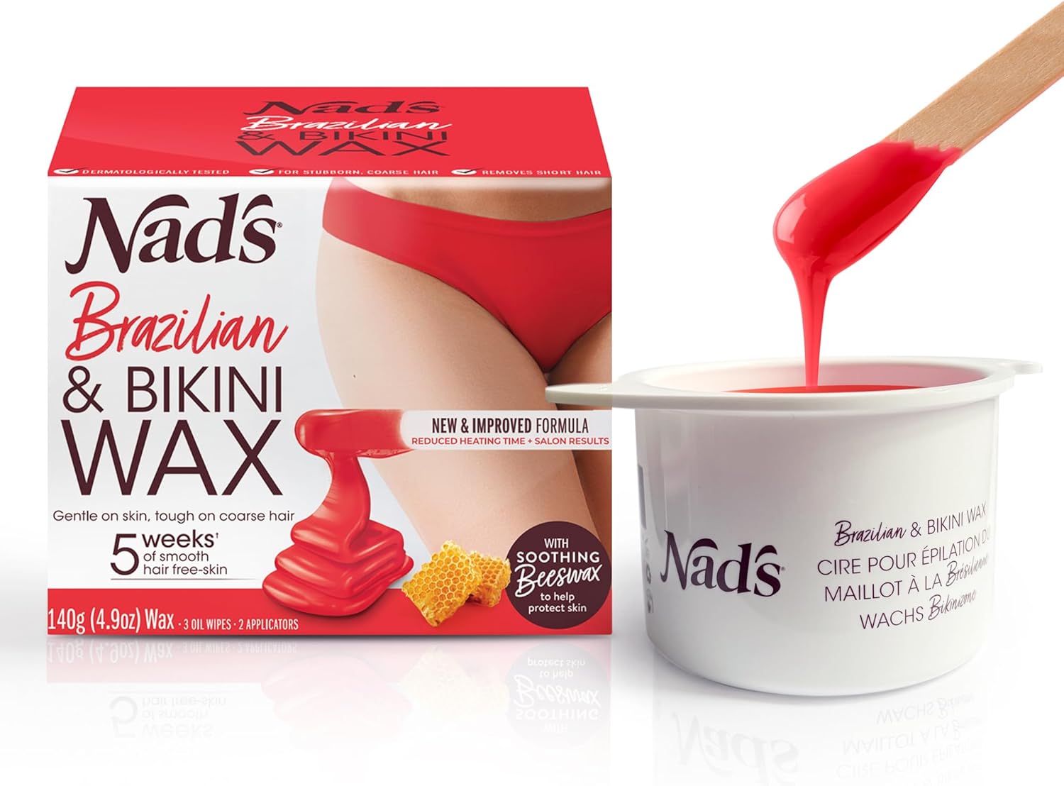 Nad's Brazilian & Bikini Wax Kit, Strip Free Hard Wax, Intimate Waxing Kit, Includes 3 Wooden Spatulas, 3 x Oil Wipes & Hot Wax 140g