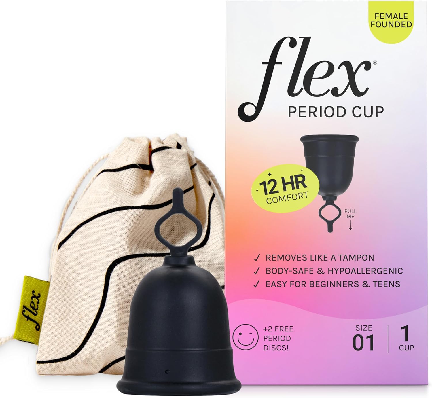 Flex Cup Starter Kit (Slim Fit - Size 01) | Reusable Menstrual Cup + 2 Free Menstrual Discs | Pull-Tab for Easy Removal | Capacity of 2 Super Tampons