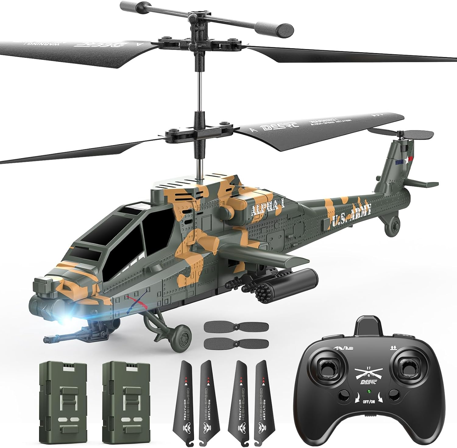 DEERC Apache RC Helicopter for Adults & Kids, 2.4GHz Military Remote Control Helicopter, 2 Batteries, 26 Mins Flight, LED Lights, Altitude Hold, One-Key Take Off, Indoor Friendly, Gift for 8-12 Boys