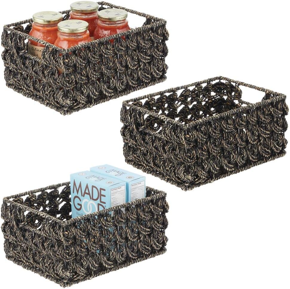mDesign Set of 3 Wicker Storage Boxes — Small Wicker Baskets for Kitchen Storage and Organisation — Versatile and Compact Storage Baskets — Black Wash