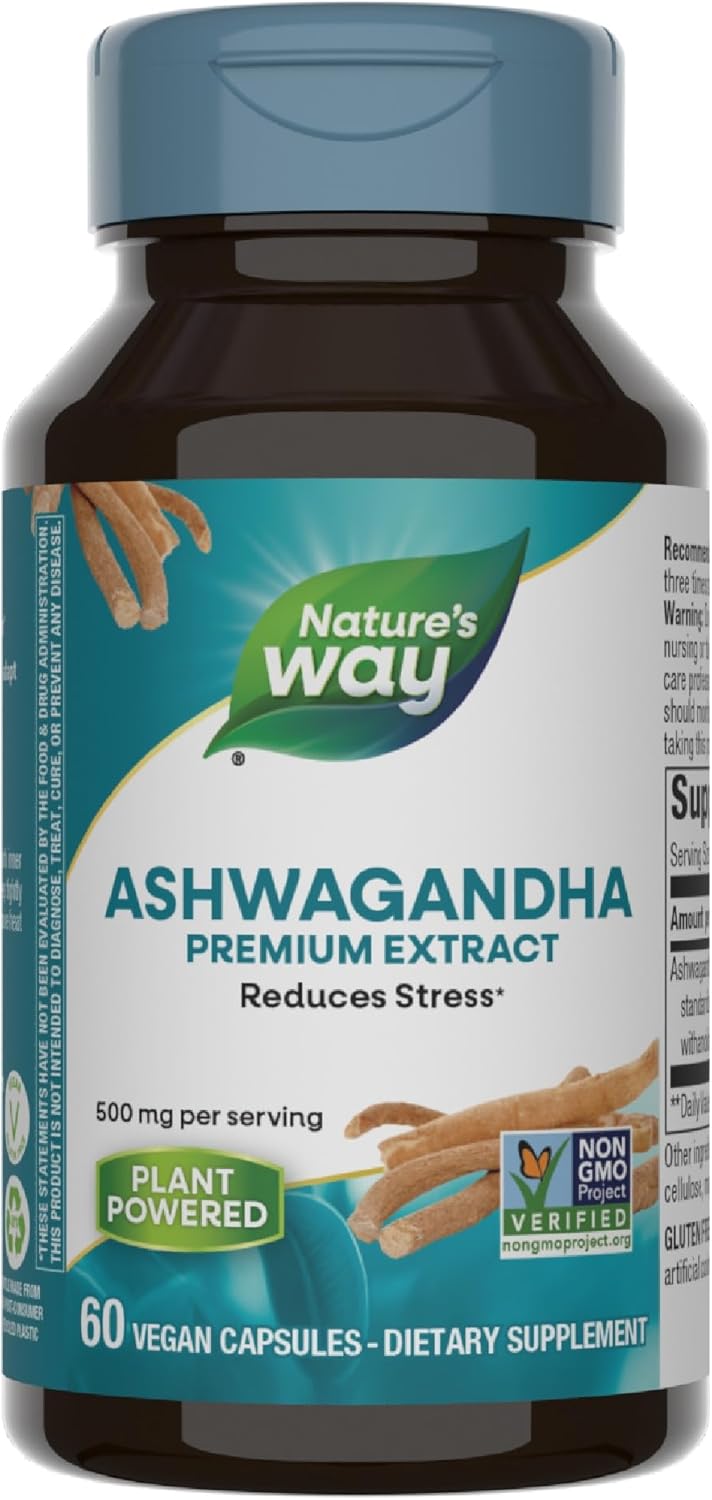 Nature's Way Ashwagandha, Reduces Stress*, Premium Extract, Adaptogenic*, Non-GMO Project Verified, Vegan, 60 Capsules (Packaging May Vary)