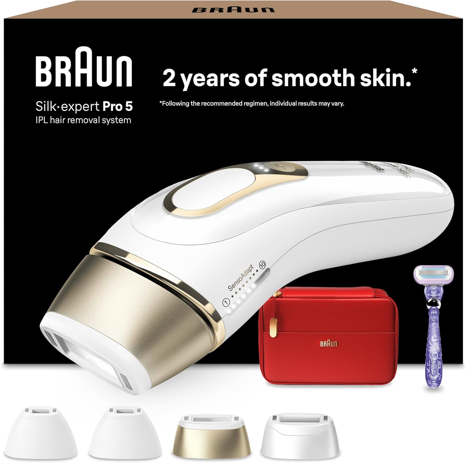 Braun IPL Silk Expert Pro 5, At Home Hair Removal, Alternative For Laser Hair Removal, Includes Pouch, Wide Head, 2 Precision Heads And Venus Razor, Gift For Women, White/Gold, PL5387
