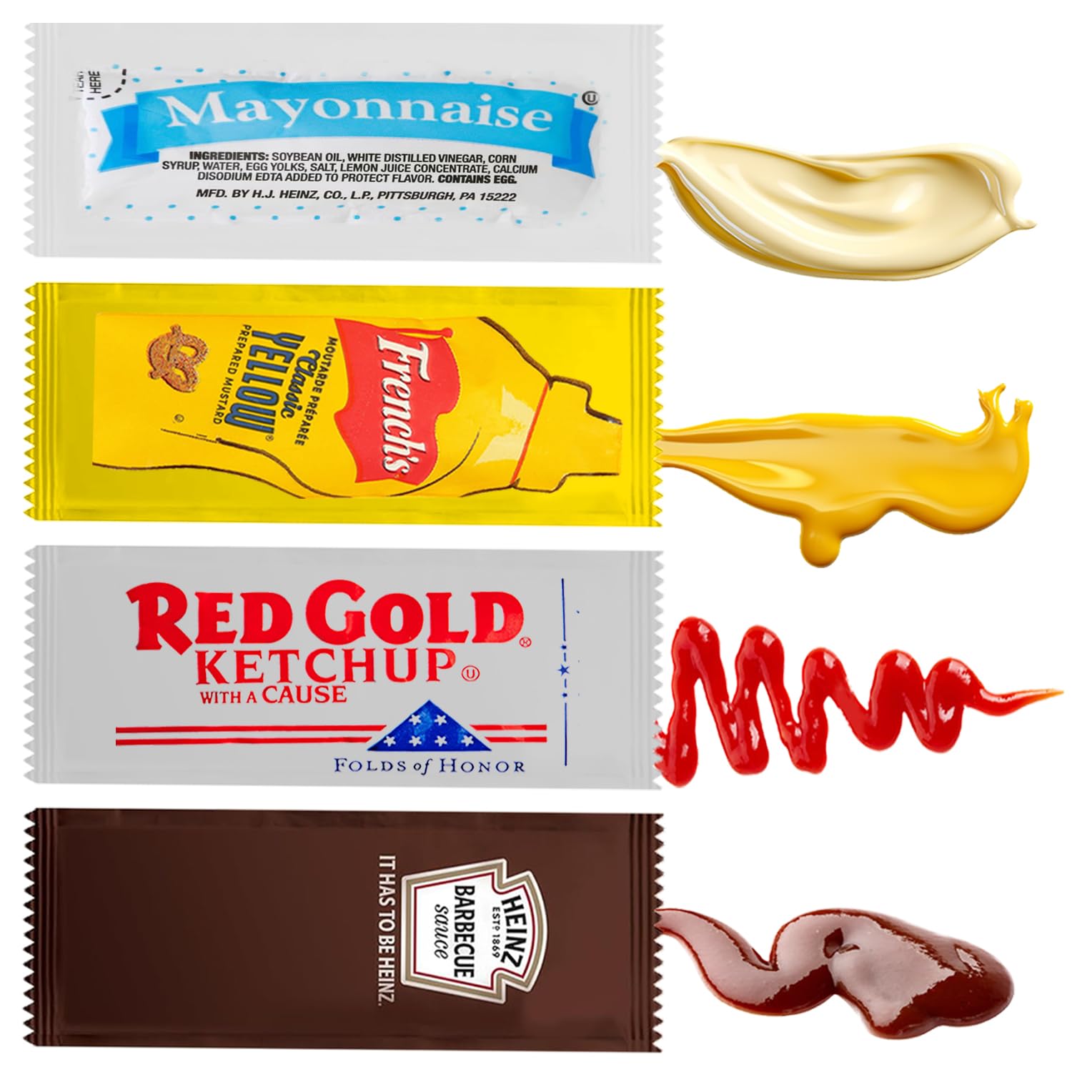 100 Count Total - Variety Pack Single Serve Pouches of Each: Ketchup, Mustard, BBQ, and Mayo - Great for Picnics, Restaurants, On the Go.
