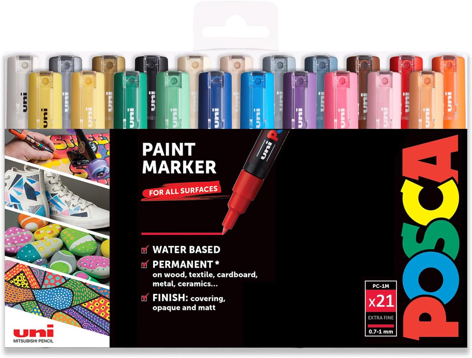 Posca PC-1M Water Based Permanent Marker Paint Pens - Full Range Set of 21 Colours - In Gift Wallet Packaging