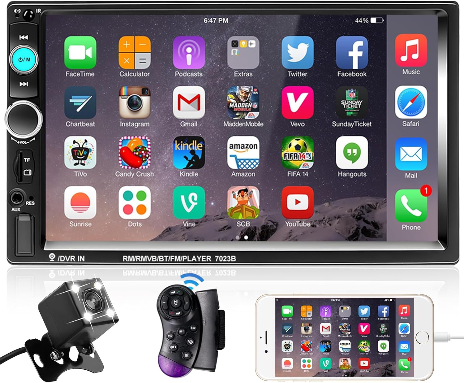 Podofo Double Din Car Stereo Radio 7 Inch Touch Screen Bluetooth Handsfree Mirror Link USB SD FM Audio Receiver with Backup Camera Wireless Steering Wheel Control