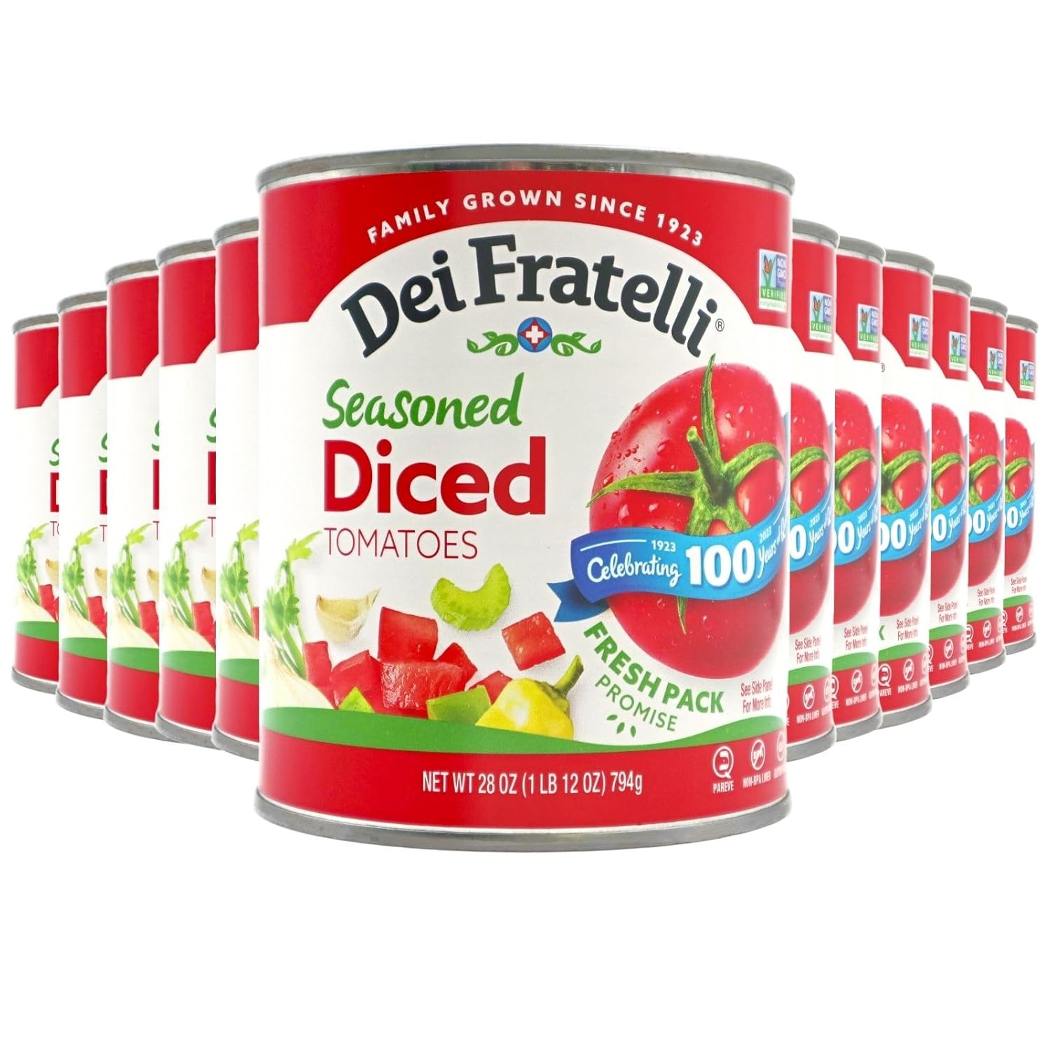 Dei Fratelli Seasoned Diced Tomatoes (28 oz. Cans, 12 pack) - Vine-Ripened – Non GMO, Gluten-Free
