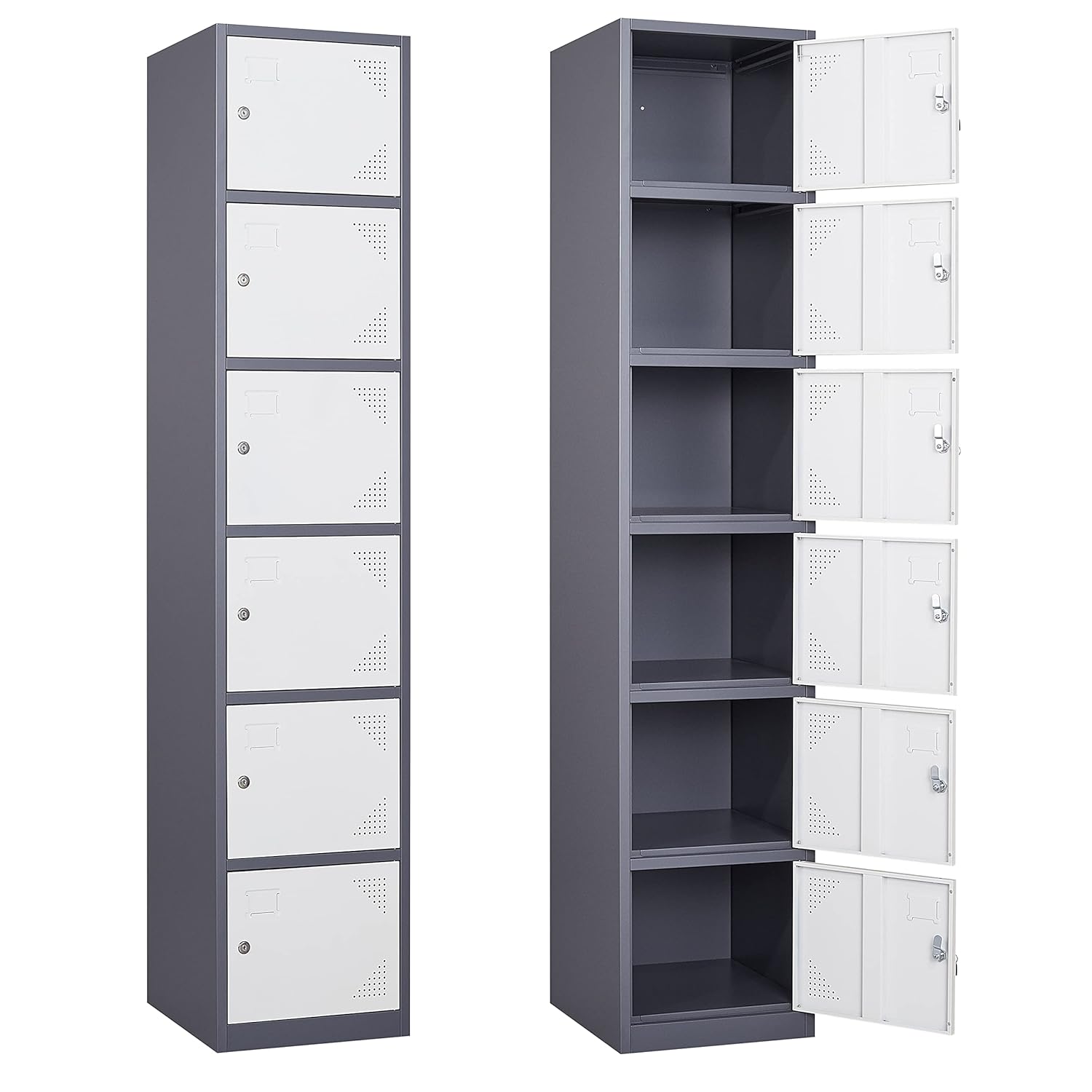 Yizosh Metal Locker with 6 Doors, Tall Steel Storage Lockers for Employees - 71" Locker Storage Cabinets for School, Gym, Home, Office, Garage (Grey White)