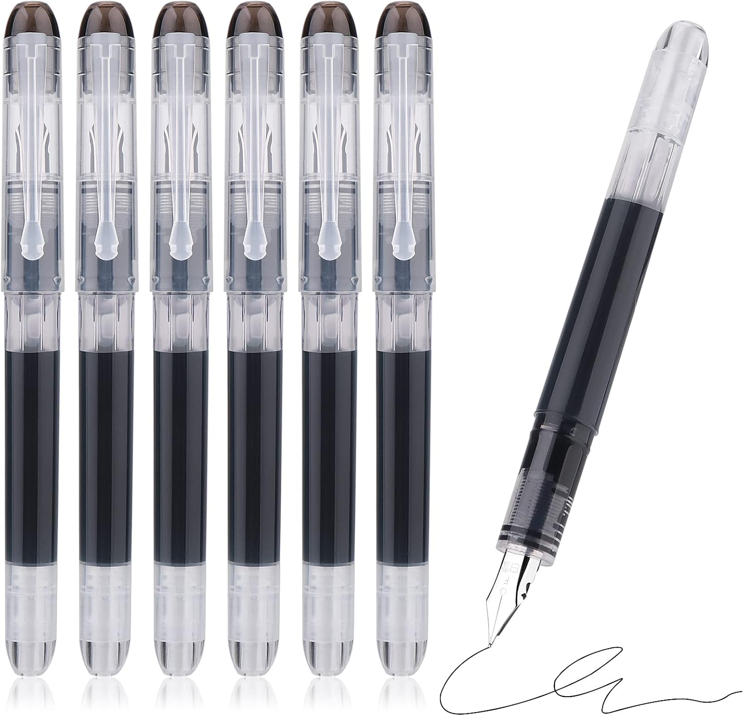 TIESOME Disposable Fountain Pens, Black Ink Smooth Writing Pens Quick-Drying Liquid ink Fine Nib for School Office Gift Supplies 6PCS