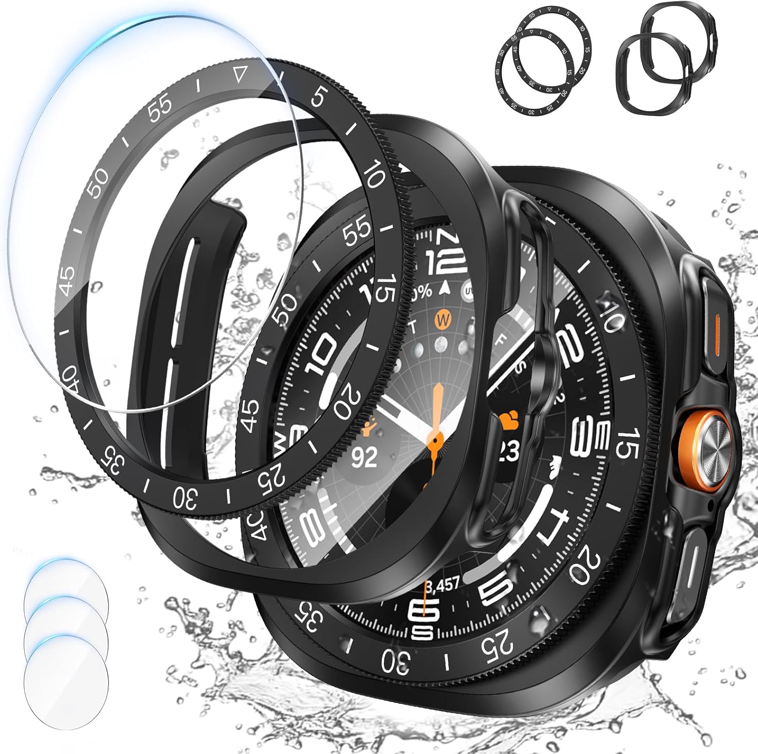 Goton [2+2+3 Pack] 3 in 1 for Samsung Galaxy Watch Ultra 47mm 2024 Screen Protector Case, HD Tempered Glass Screen Protector Hard PC Case Bezel Ring Cover for Galaxy Watch 7 Ultra Black with Indices