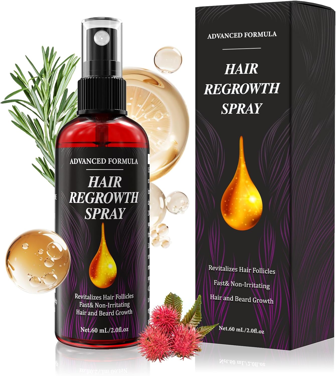 AMAINKI-Minoxidil&Castor&Organic Rosemary Oil Hair Growth Serum,Biotin&Vitamins Treatment Care for Spray|Stop Hereditary Hair Loss|Effective Thickening Hairline|Beard Growth|Women&Men 60ml