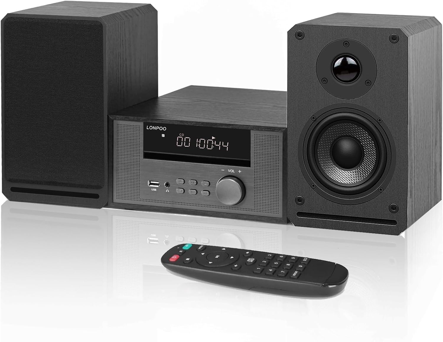 Home CD Stereo Shelf System,100W Hi-Fi Bookshelf Speskers System (CD Player, FM Radio, Wireless Bluetooth, USB Playback, AUX, Headphone Jack)