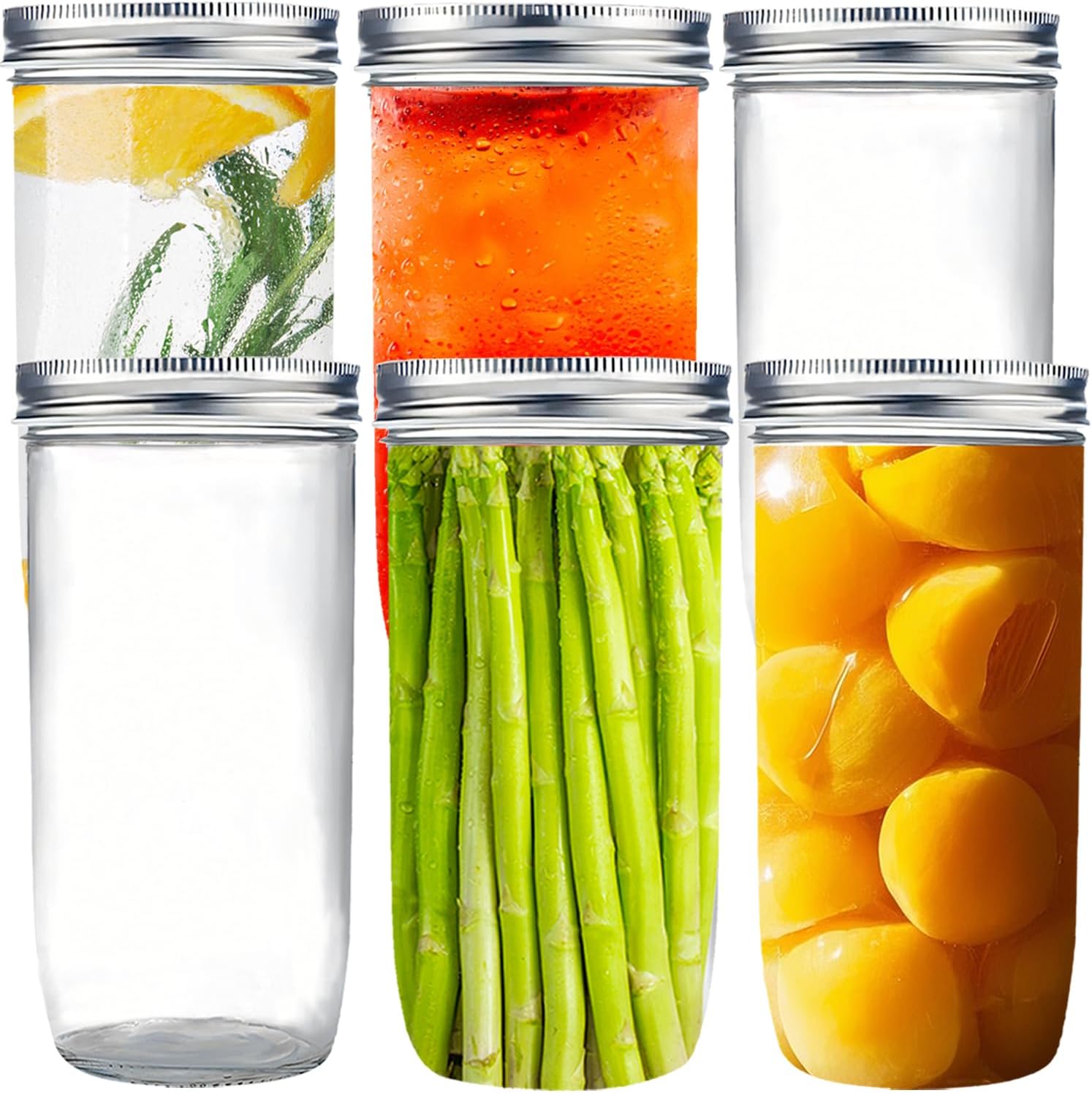 Bluwtoclan 24 oz Tall Mason Jars,6 Pack 24oz Wide Mouth Mason Jar with lids,Tall Canning Jars for Pickling,Fermenting（Not compatible lids）