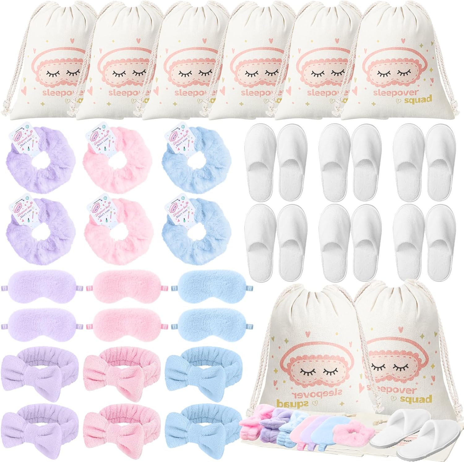 30 Pcs Sleepover Party Supplies for Teen Sleepover Birthday Party Favors with Plush Hair Scrunchies Headbands Slippers Gift Bag for Women Spa Party Favors Age 6-14(Mix Color,Stylish)