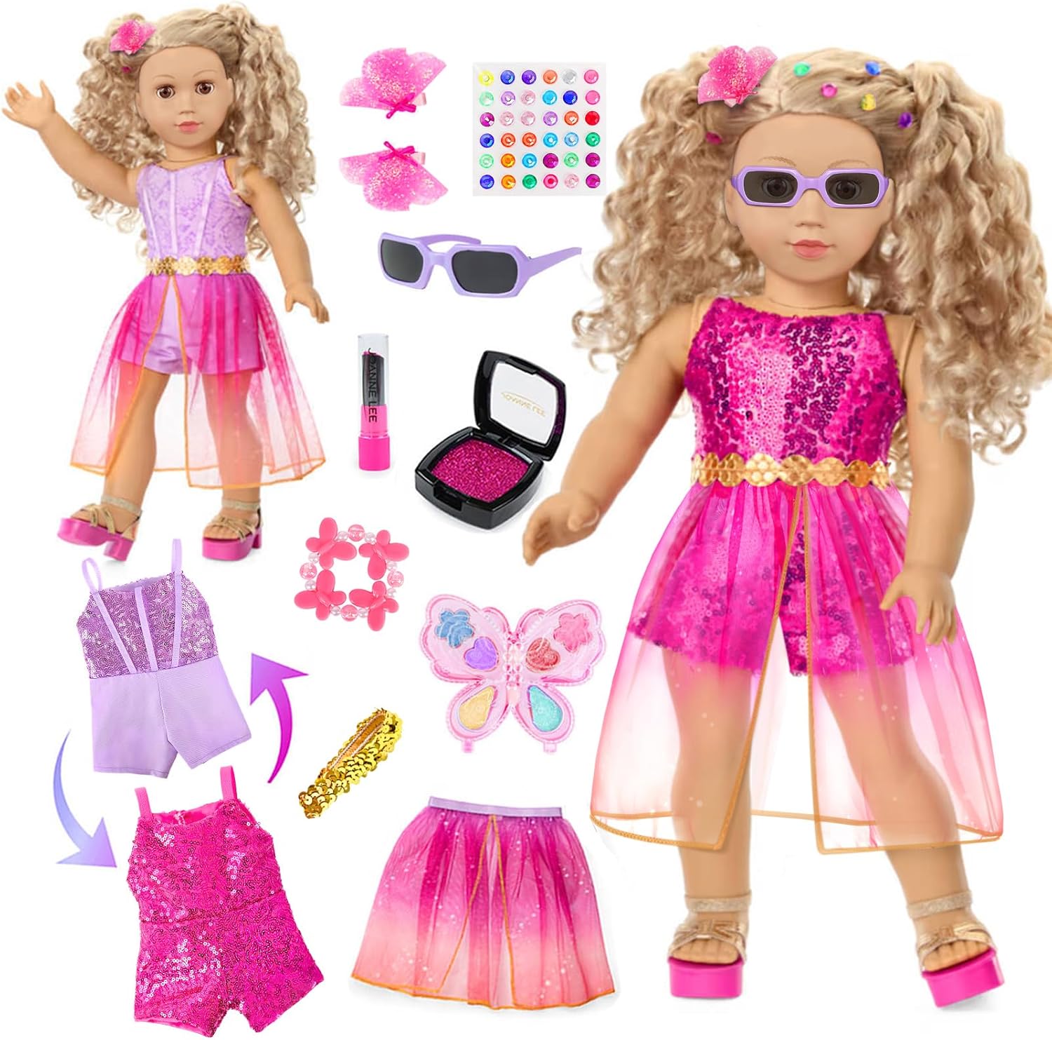 American 18 Inch Doll Clothes and Makeup Accessories Set, Included 2 Sets Doll Clothes, Gauze Skirt, Belt, Stickers, Hair Clips, Bracelets, Eyeshadow, Lipstick, Blush, Sunglasses (No Dolls and Shoes)