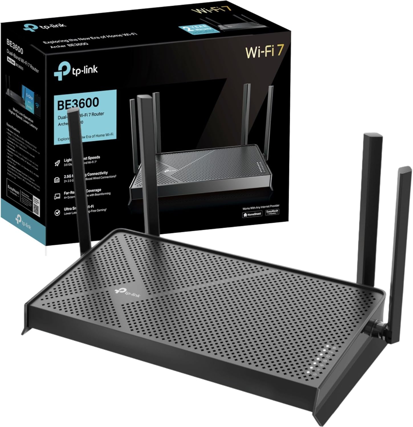 TP-Link Archer BE3600 Router WiFi 7 BE3600Mbps, WiFi Router, 2.5G Ports, USB 3.0 Port, Maximized Coverage, VPN Router, Internet Booster Routers, WiFi Booster, HomeShield Security, Easy Setup,EasyMesh
