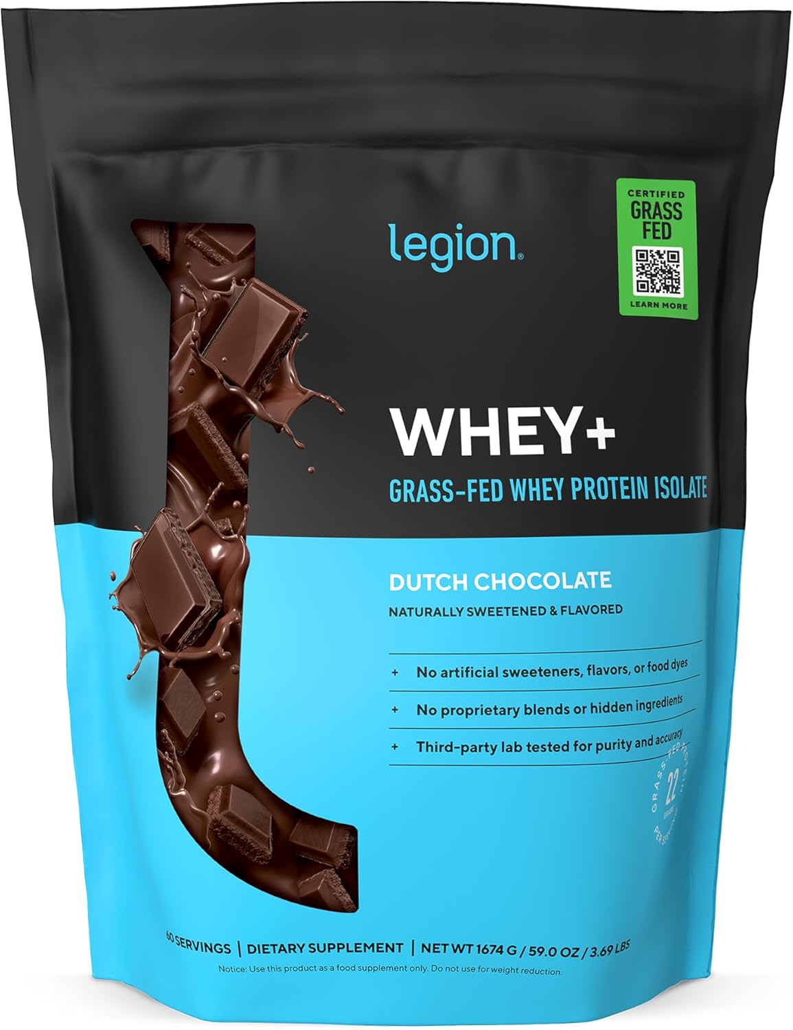 LEGION Whey+ Protein Whey Isolate from Grass Fed Cows (Chocolate, 60 Servings) - Whey Protein Isolate Powder, Low Calorie, Non-GMO, Sugar Free, Lactose and Gluten Free, All Natural Protein Powder