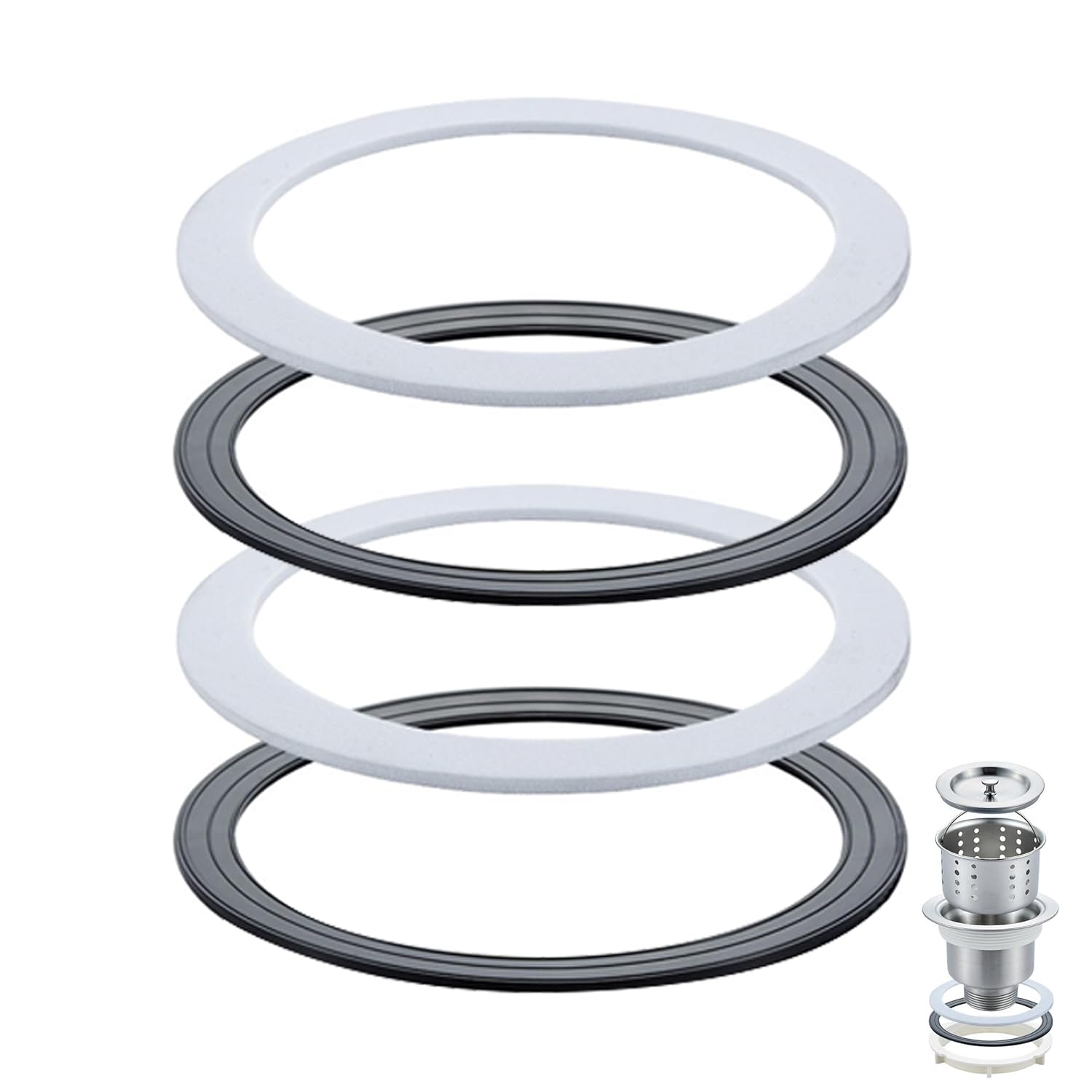 Sink Plug Rubber Seal, 4 PCS O Ring Seal Washer, 110mm O-Rings Seal Rubber Gasket Bath Plug Seal for DIY Tap Sink Washers Basin Plug Sealing Kitchen Bathroom Valve(Black & White)