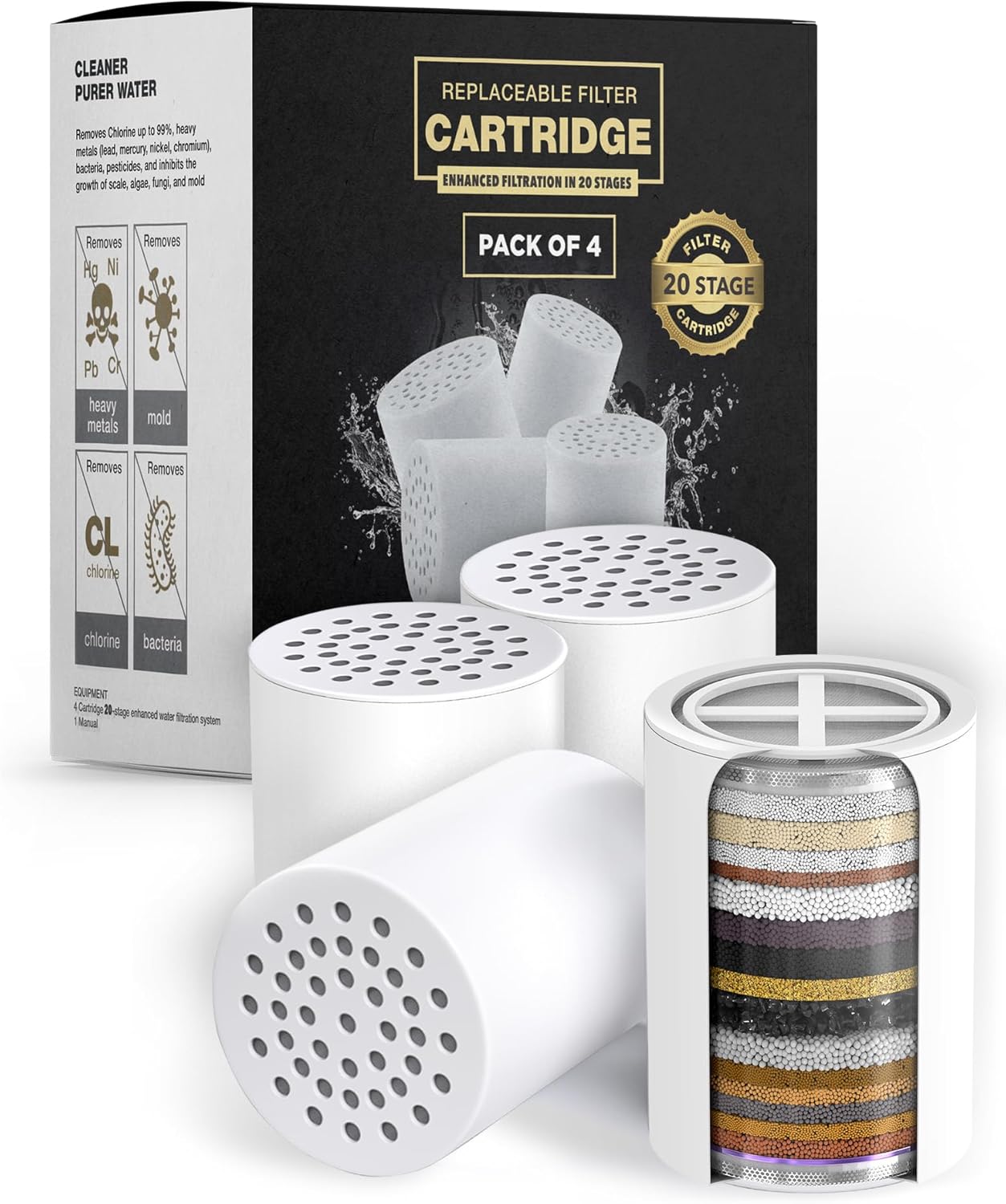 AquaHomeGroup 20 - Stage Replacement Premium Filter Cartridge 4-Pack (No Housing), Compatible with Any Shower Filter of Similar Design 15 and 20 Stages