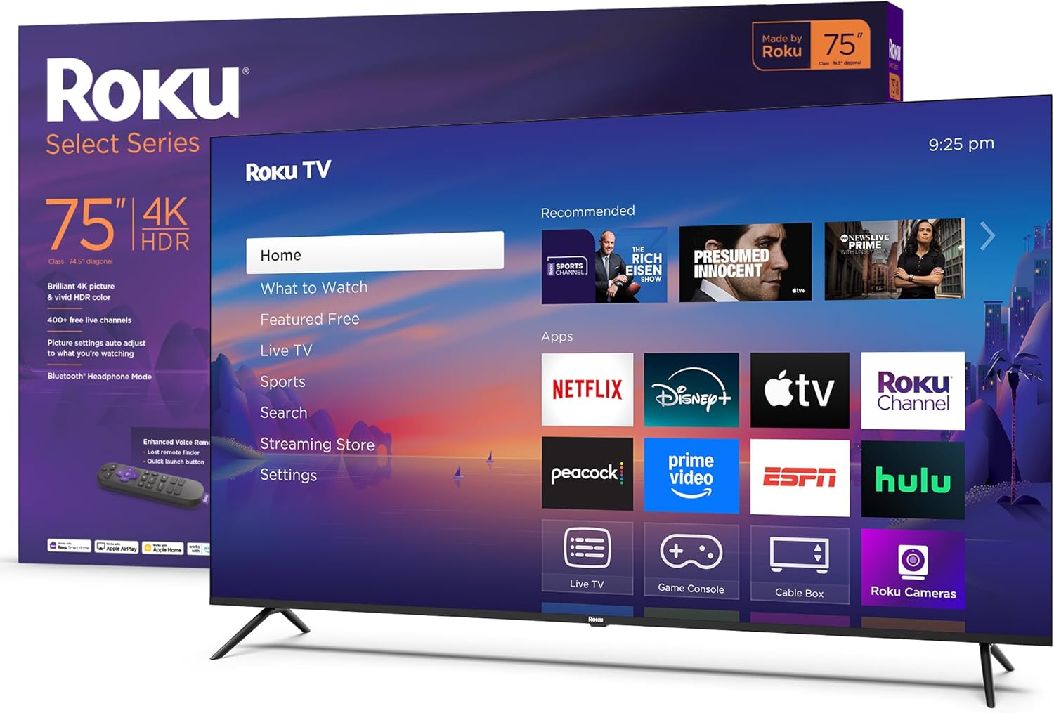 Roku Smart TV 2025 – 75-Inch Select Series, 4K HDR TV – RokuTV with Enhanced Voice Remote – Flat Screen LED Television with Wi-Fi for Streaming Live Local News, Sports, Family Entertainment