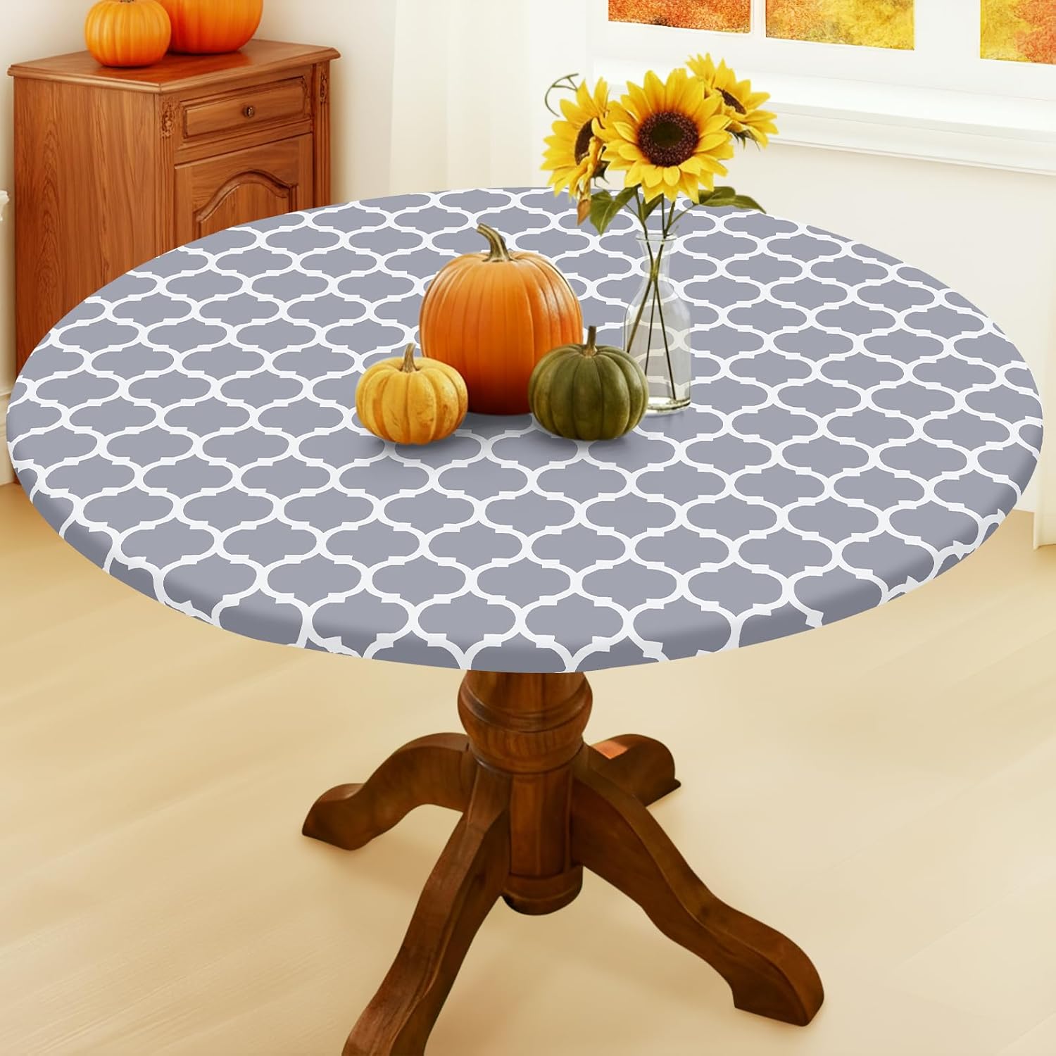 Smiry Round Picnic Tablecloth, Waterproof Elastic Fitted Table Covers for 36" - 44" Tables, Wipeable Flannel Backed Vinyl Tablecloths for Camping, Indoor, Outdoor, Grey & White