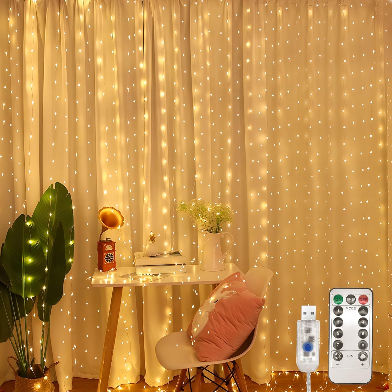 Jsdoin Curtain Fairy Lights, 3.6m x 3m 360leds USB Operated 8 Modes String Light Indoor Outdoor Waterproof Hanging Window Lights with Hooks for Christmas, Wedding, Party,Wall, Home Decorations