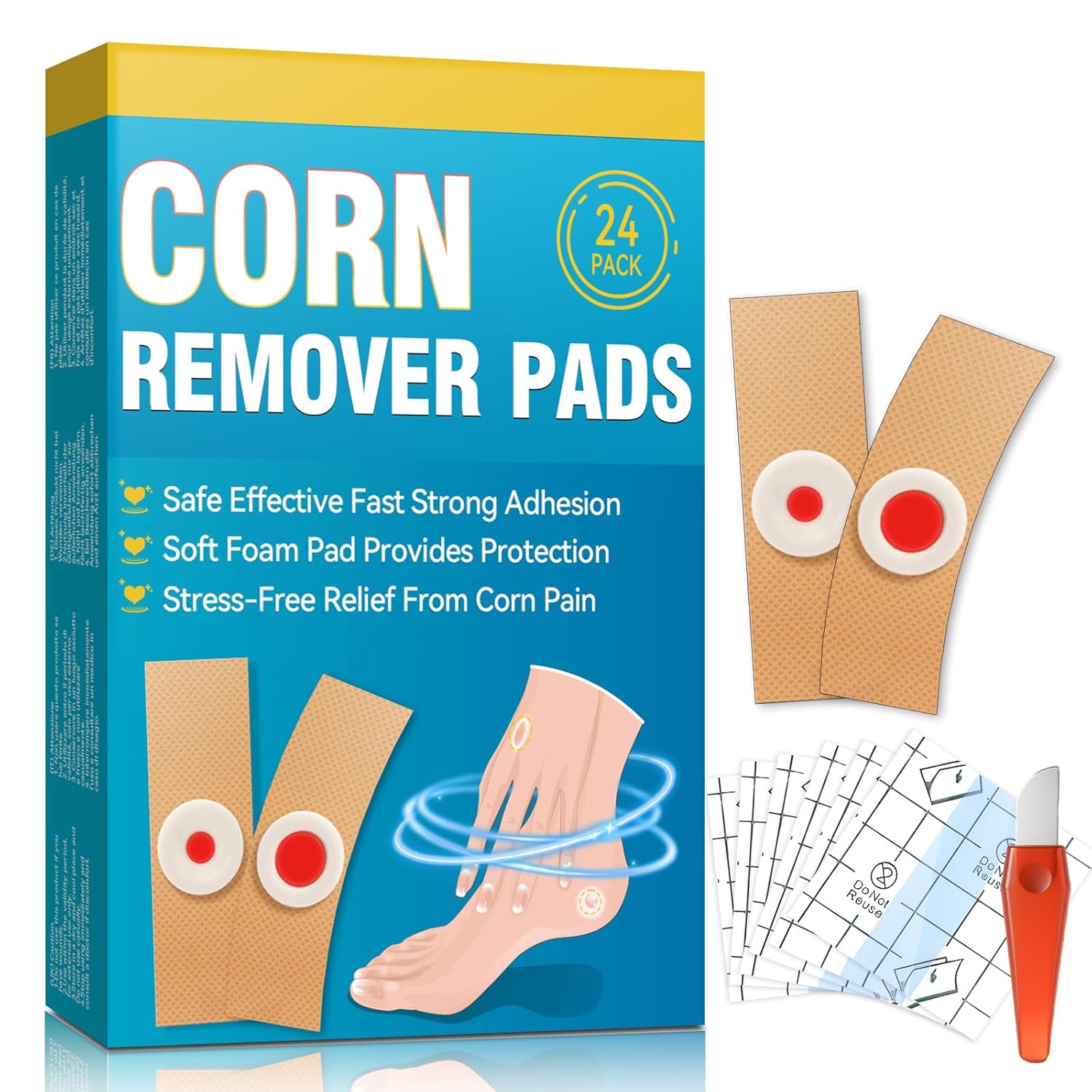 Corn Removers for Toes, Feet, 24 Packs Corn Pads for Toes with 12 Large Size and 12 Small Size, Gentle and Safe Corn Callus Remover Cushions Stick to Keep Your Skin Healthy, Relieve Corn Pain