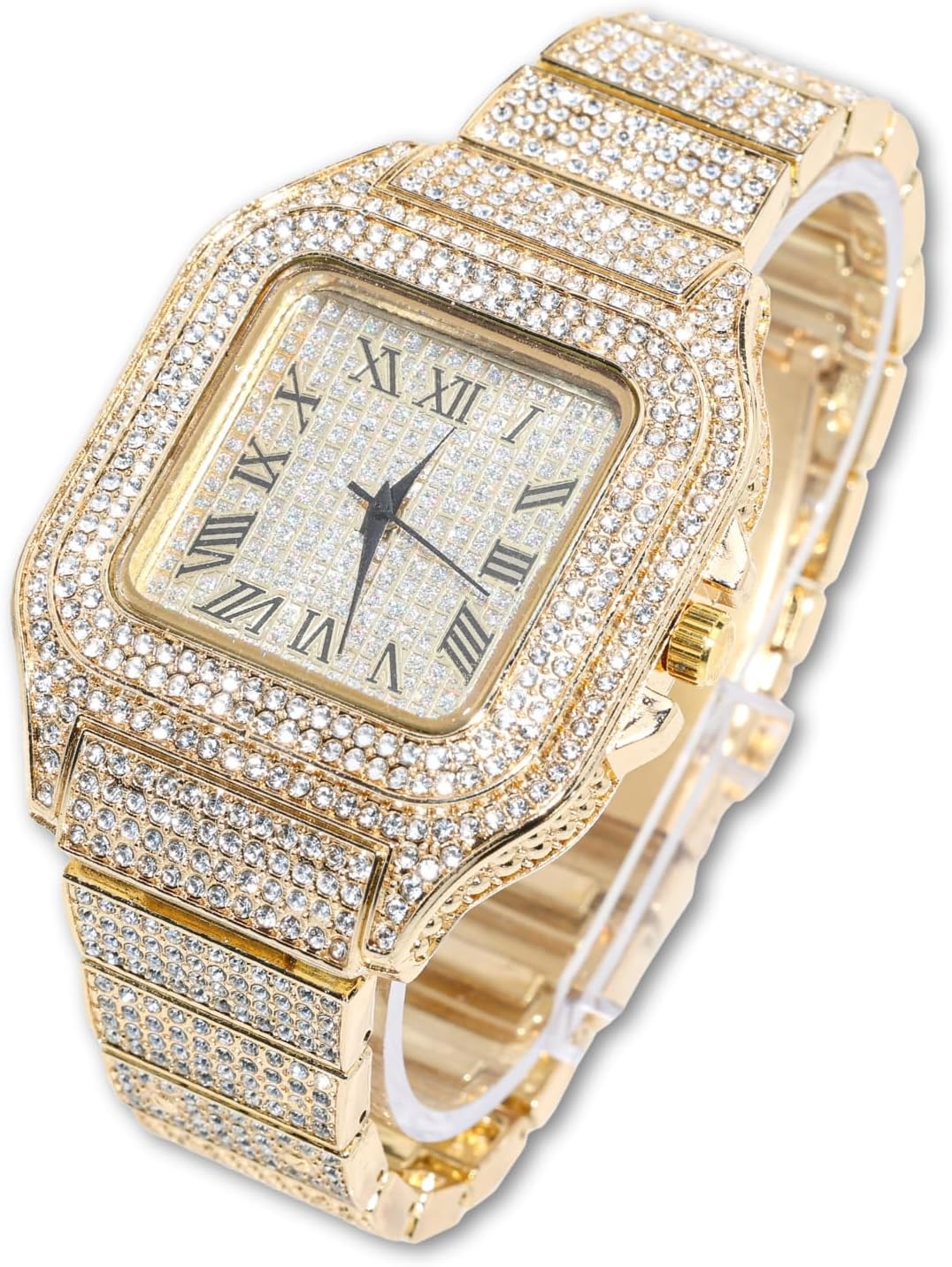 Halukakah Diamonds Gold Watch Iced Out, Men's 18k Real Gold/Platinum White Gold Plated Quartz Wristband 9.5" Square Dial, with Tennis Chain Necklace Bracelet Set Options, Comes with Gift Box