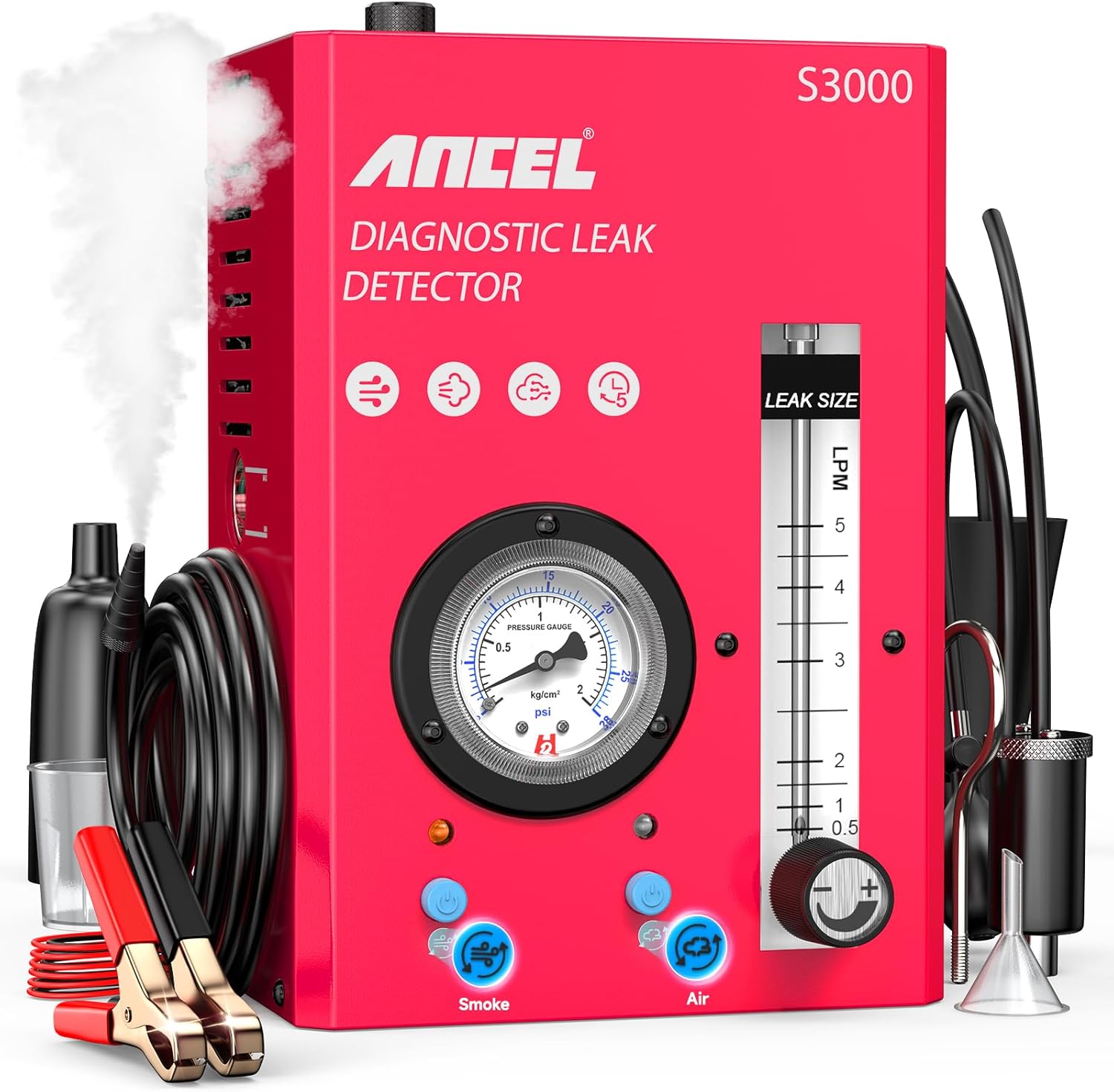 ANCEL S3000-US Smoke Machine Automotive Leak Detector with Built-in Air Compressor, Smoke Tester Automotive for EVAP, Vacuum, Fuel System with Pressure Gauge & Adjustable Flowmeter