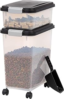 IRIS USA Dog Food Storage Container, 30 lbs & 11 lbs Combo, Cat Food Storage Container, Dog Treat Container, Airtight, Stackable, 2-Cup Scoop, Wheels, Easy Mobility, Black