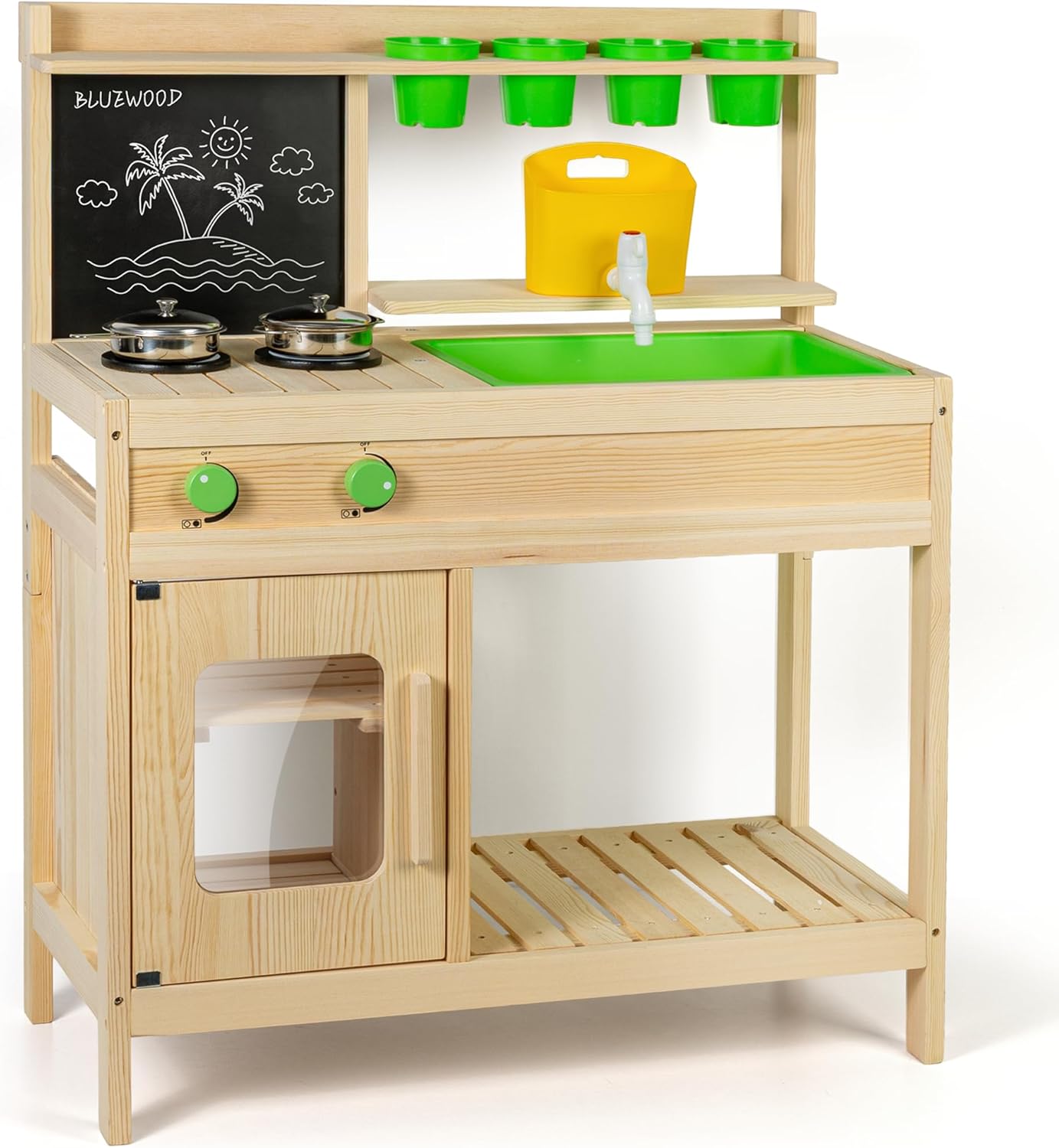 BlueWood Wooden Mud Kitchen for Kids Outdoor – Real Water Sink, Toy Stove & Blackboard | Garden Toys for Boys and Girls Ages 3+ | Montessori Play Kitchen Gift Set