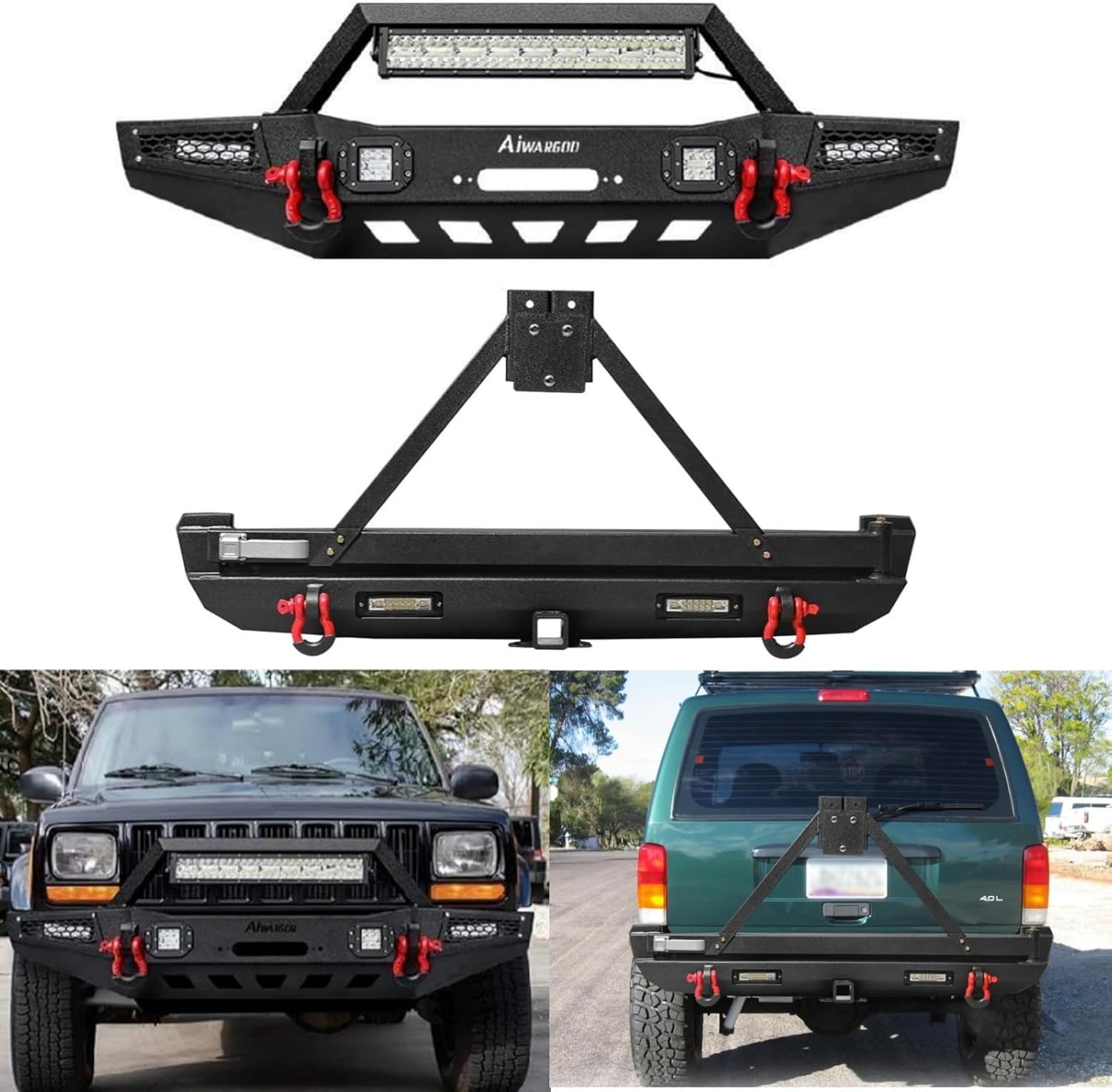 Cherokee XJ Front Bumper + Rear Bumper With Tire Bracket, Winch Plate & LED Spotlights & D-Rings, Compatible with 1989-2001 Cherokee XJ Full Width Black Texture