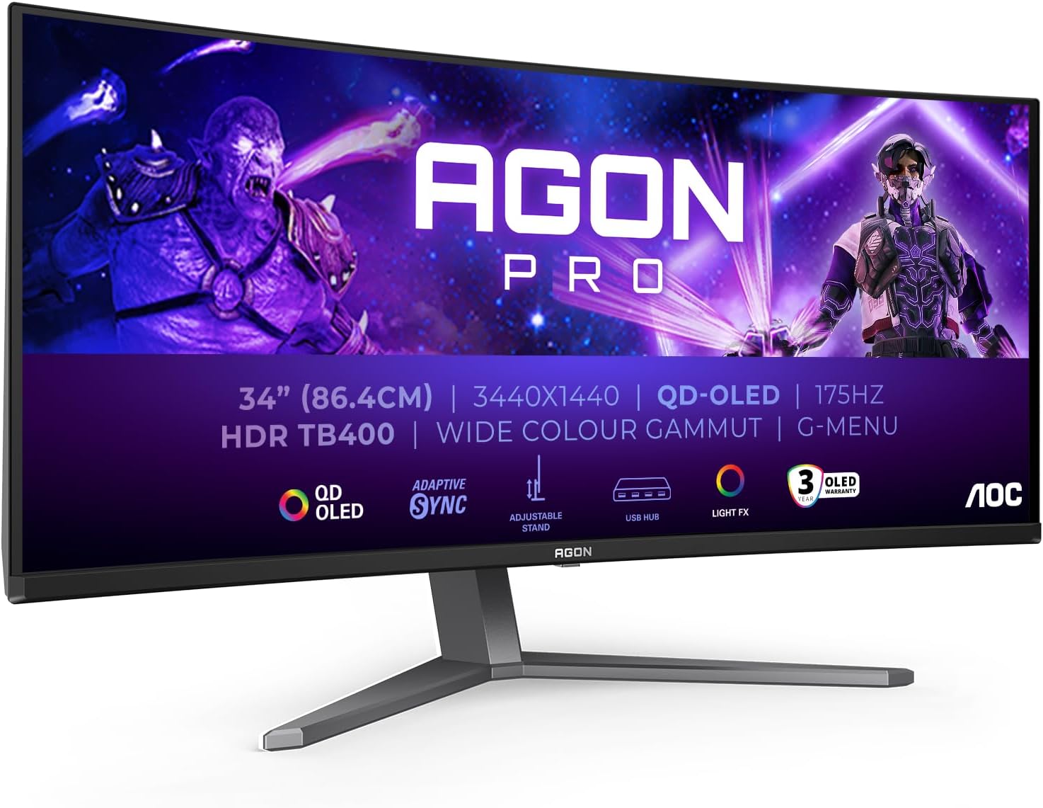 AOC Agon PRO AG346UCDAM - 34 Inch WQHD OLED Curved Gaming Monitor, 175 Hz, 0.03 ms, FreeSync Premium Pro, G-Sync comp., HDR400 (3440x1440, 2X HDMI, DisplayPort, USB Hub) Black