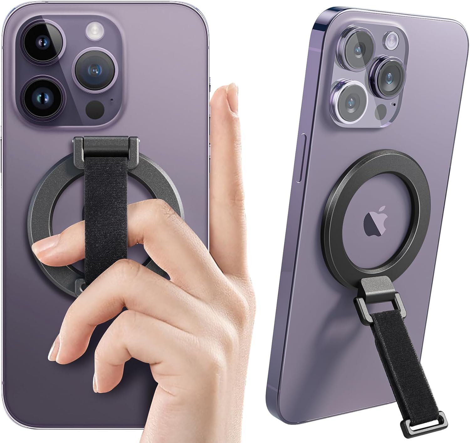 SUPERONE for MagSafe Phone Grip with Finger Strap, Removable Magnetic Ring Holder with Kickstand Finger Loop, MagSafe Accessories for iPhone 16/15/14/13/12 Series, Black