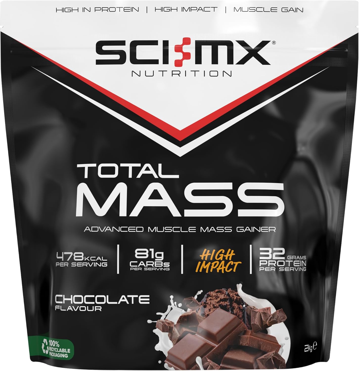 SCI-MX Total Mass - Advanced Muscle Mass Gainer Protein Powder - Muscle Growth & Weight Gain - Chocolate • 32g Protein + 478 Calories per Serving • 2kg