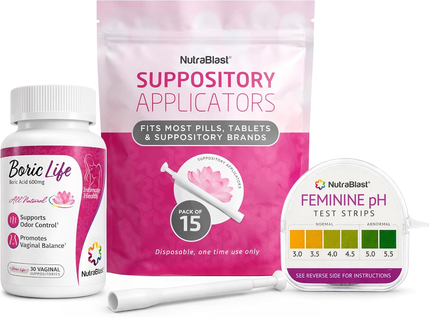 NutraBlast Boric Acid Suppositories 600mg (30 Count) Bundle with Disposable Suppository Applicators (15-Pack) and Feminine pH Test Strips 3.0-5.5 (100 Tests Roll)