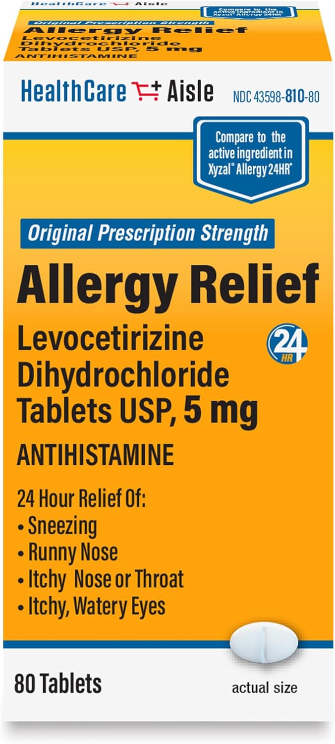 HealthCareAisle Allergy Relief - Levocetirizine Dihydrochloride Tablets USP, 5 mg - 80 Tablets - Original Prescription Strength Allergy Medication, 24-Hour Relief, 80 Count (Pack of 1)