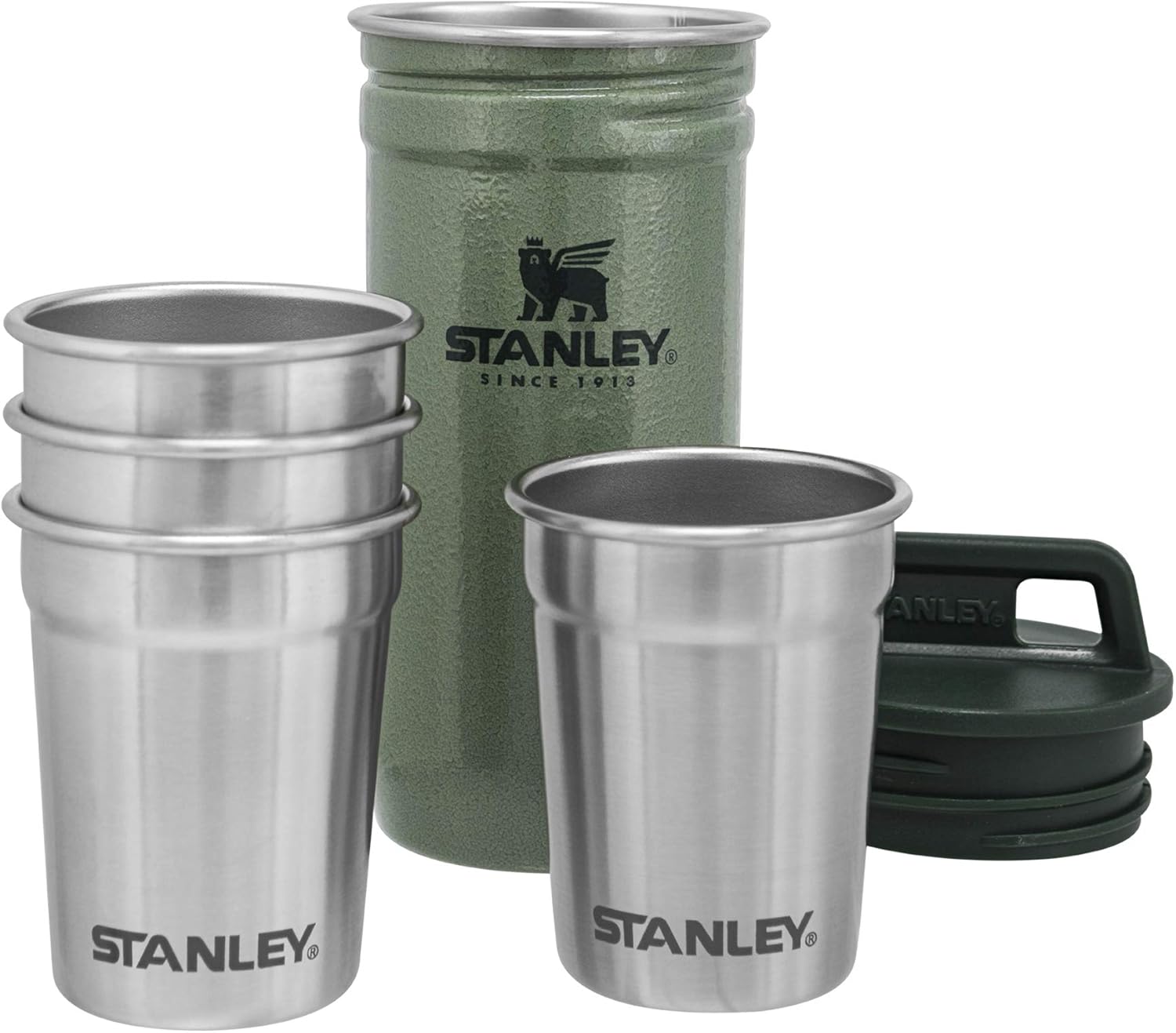Stanley Adventure Nesting Shot Glass Set, 4 Stainless Steel Shot Glasses with Rugged Metal Travel Carry Case, Camping Gifts, Hammertone Green, 2oz