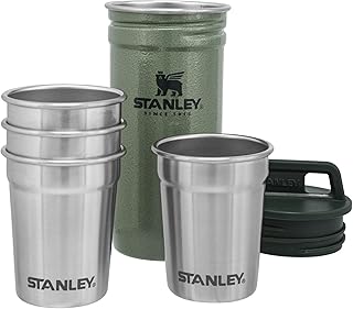 Stanley Adventure Nesting Shot Glass Set, 4 Stainless Steel Shot Glasses with Rugged Metal Travel Carry Case, Camping Gifts, Hammertone Green, 2oz