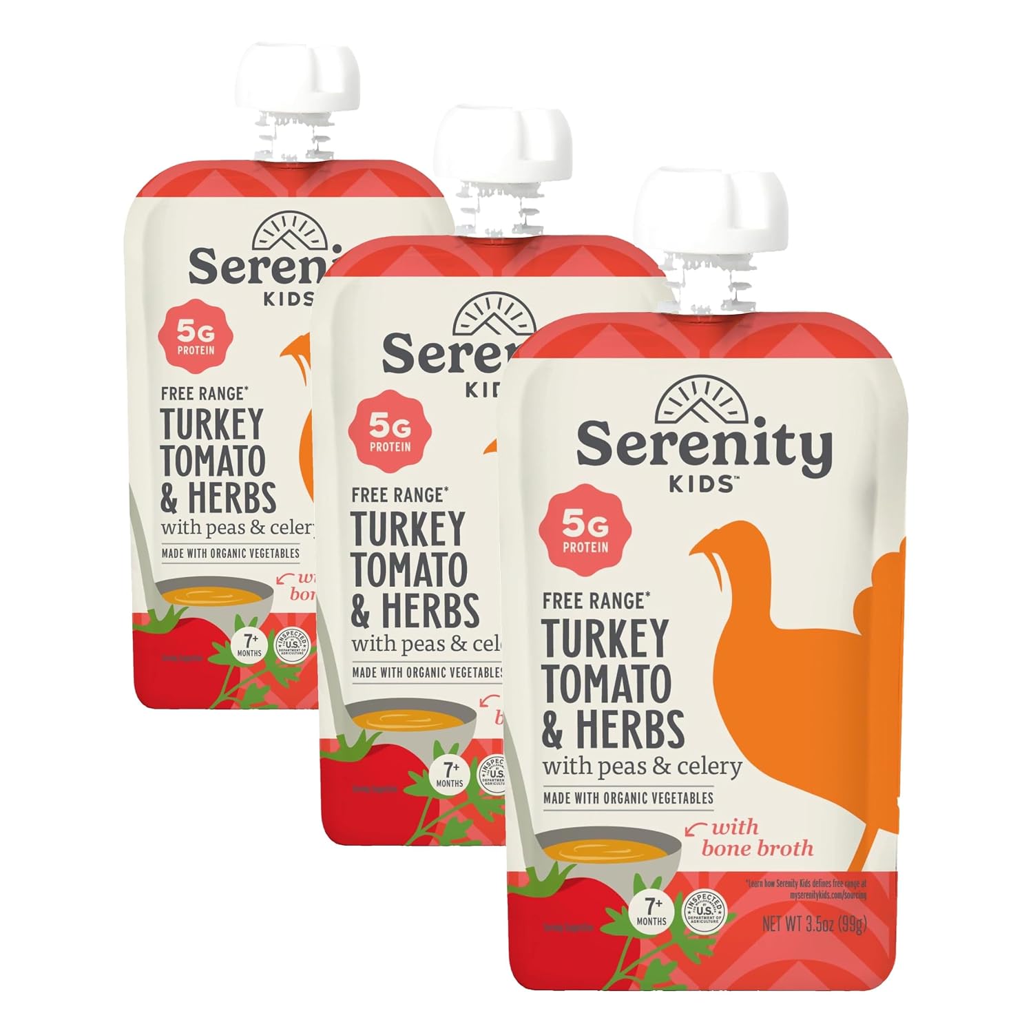 Serenity Kids Bone Broth Puree Made With Organic Veggies | Clean Label Project Purity Award Certified | 3.5 Ounce BPA-Free Pouch | Free Range Turkey Bolognese | 1 Count (Pack of 3)