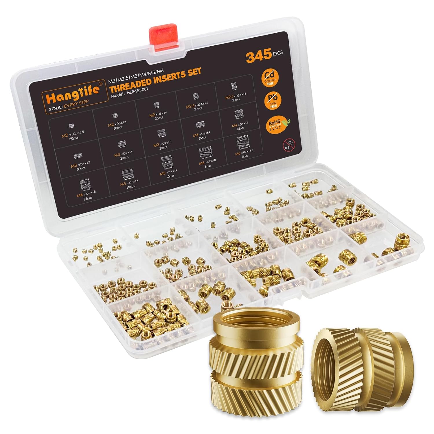 Heat-Set Threaded Inserts, M2 M2.5 M3 M4 M5 M6 Assortment Box (345 Pieces) Heat Set Insert for 3D Printing Components and Plastic Parts - Brass Metric Knurled Nuts